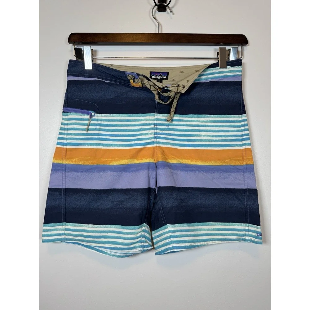 Patagonia Board Mens 36 Large Blue Orange Striped Swim Trunks Drawstring Unlined